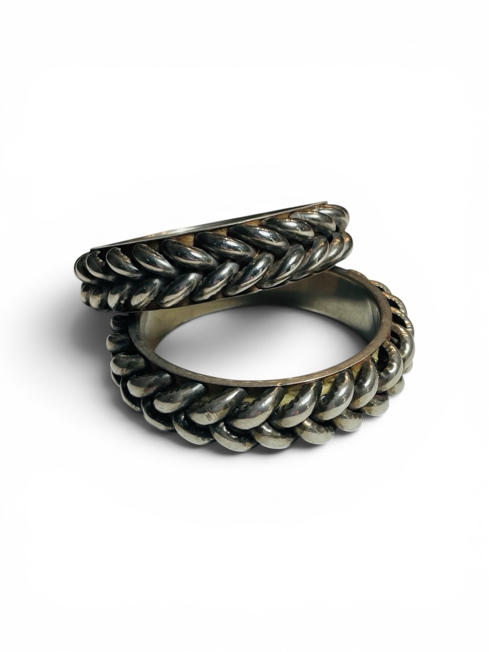 Vintage Chunky Twisted Link Silver-Tone Metal Bangle Bracelets Set of Two